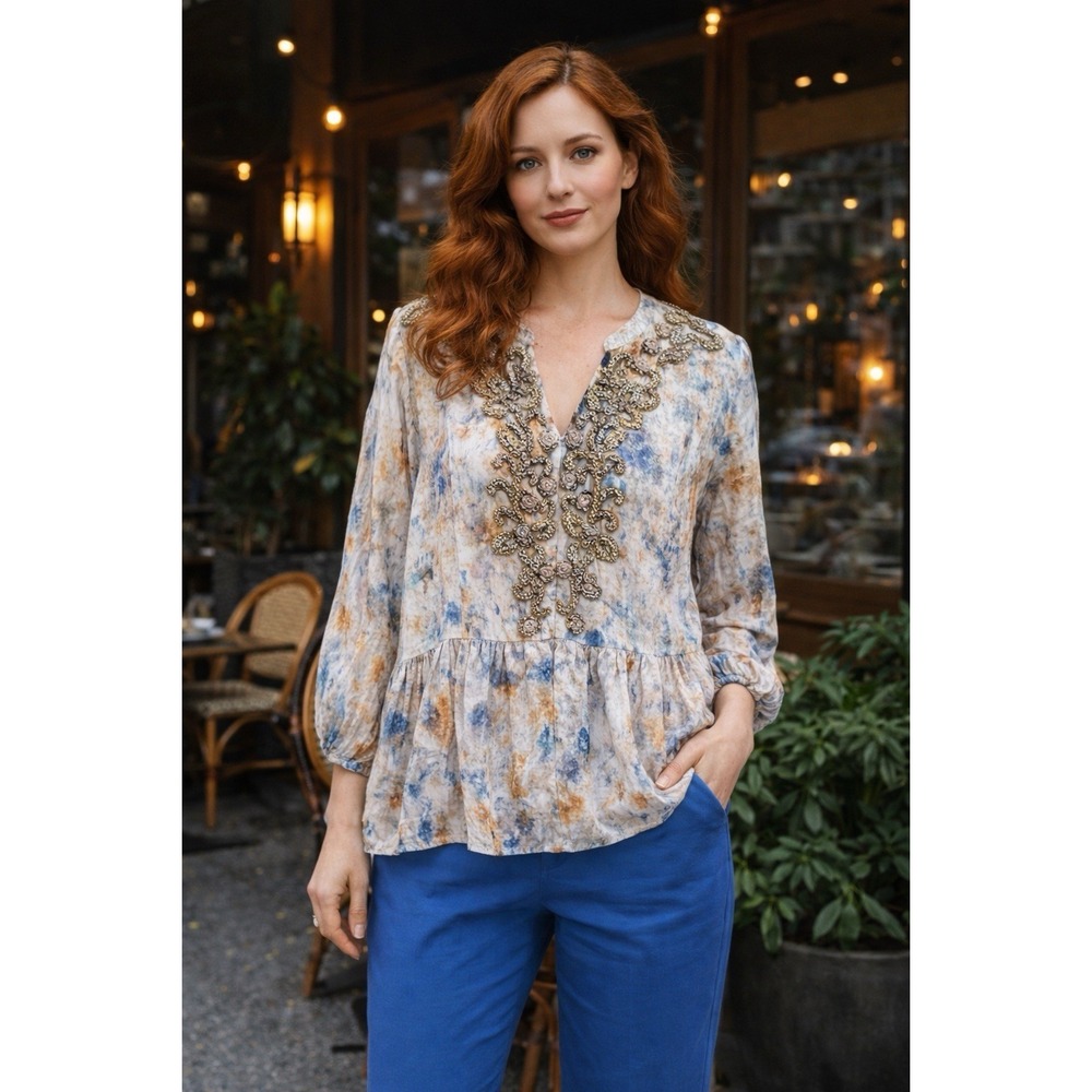 Soft‎ Surroundings Women's Medium Embroidered Boho Peasant Blouse Beaded